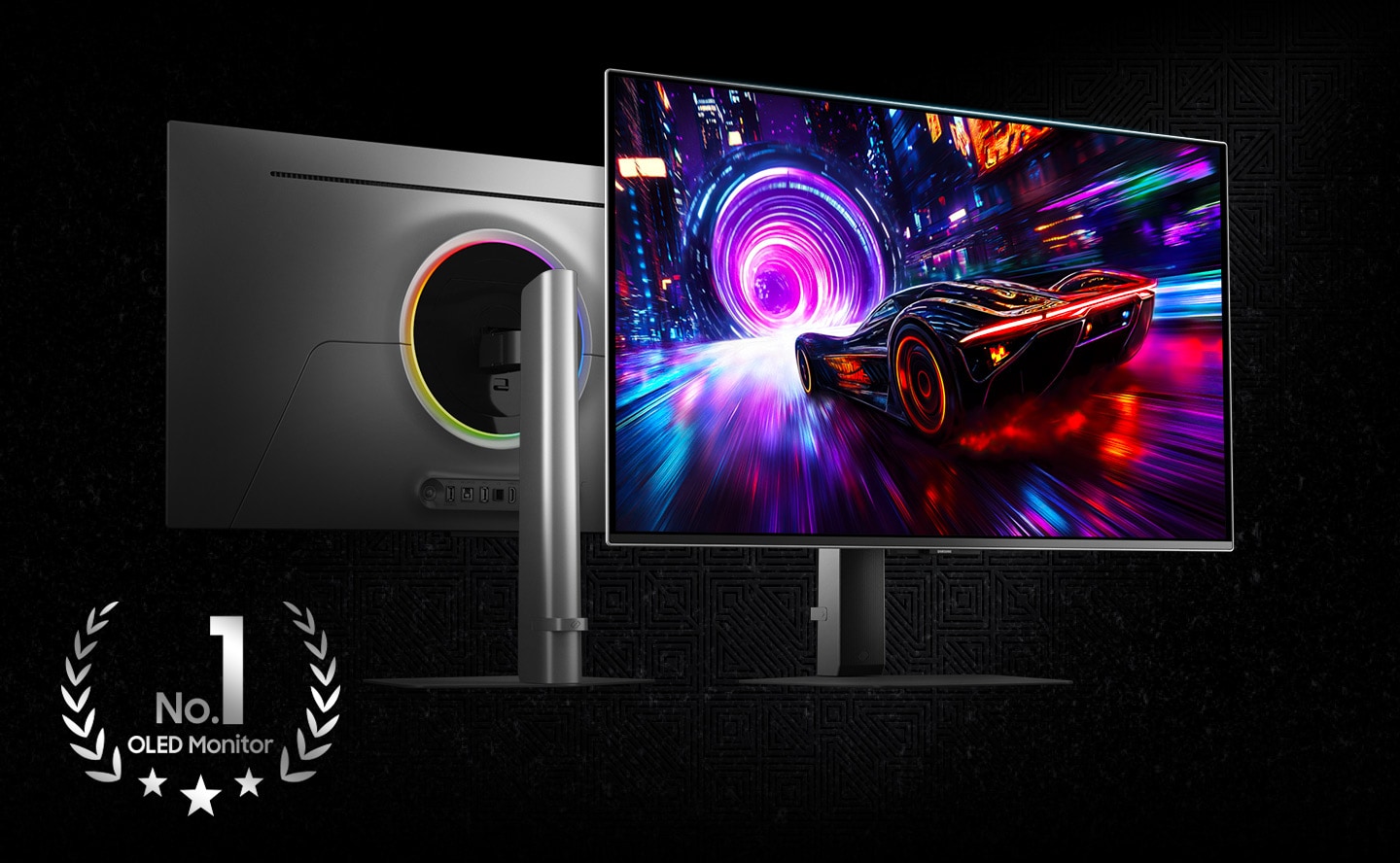 Màn hình trước và sau Odyssey OLED G8. Màn hình hiển thị một chiếc xe đang lao về phía đường hầm màu tím. Logo màn hình OLED số 1.