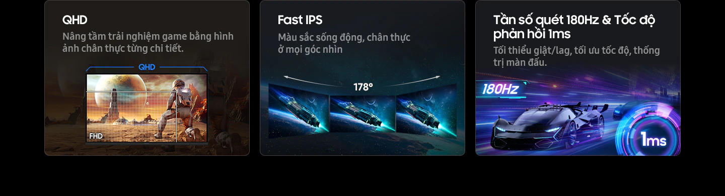QHD. Tăng cường sự chân thực cho game với hình ảnh sống động như thật. Độ phân giải QHD hiển thị một nhân vật đang quan sát một tòa nhà từ xa, còn độ phân giải FHD chỉ hiển thị một phần của nhân vật đó. Fast IPS. Màu sắc sống động trên toàn bộ màn hình. Ba màn hình đặt cạnh nhau mang lại góc nhìn 178 độ. Tốc độ làm mới 180Hz & Thời gian phản hồi 1ms. Trải nghiệm độ trễ được giảm thiểu tối đa cho các pha hành động tốc độ cao. Một chiếc xe đua phóng nhanh ra xa với một chiếc xe khác đi theo phía sau. Tốc độ làm mới 180Hz và thời gian phản hồi 1ms.