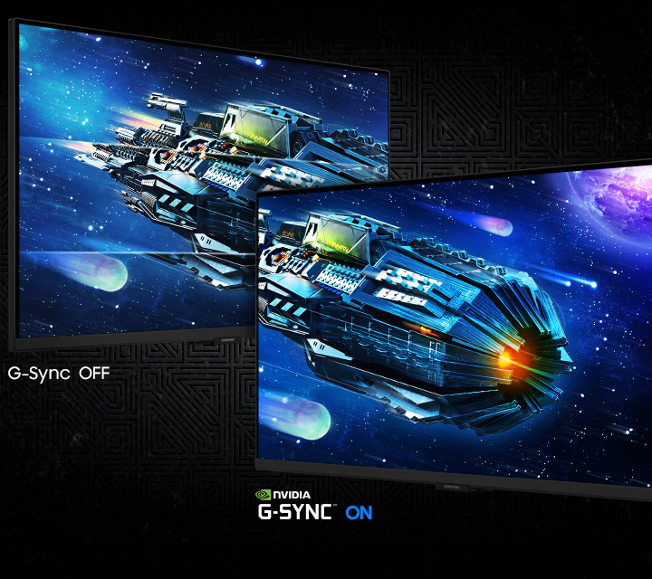 Hai màn hình hiển thị một con tàu vũ trụ giữa không gian và các thiên thạch. Ở chế độ NVIDIA G-SYNC OFF, hình ảnh bị giật hơn so với NVIDIA G-SYNC ON.