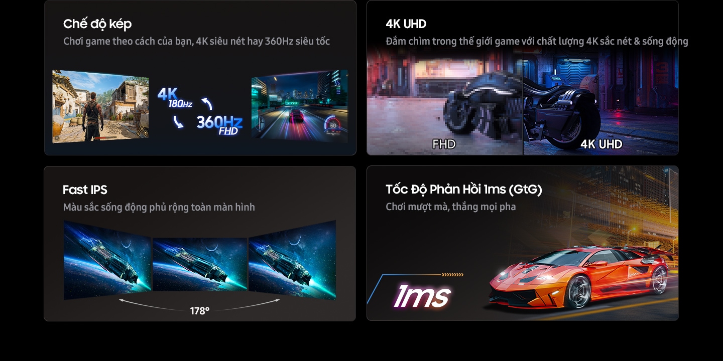 Chế Độ Kép. Chơi game theo cách của bạn, ở độ phân giải 4K hoặc 360Hz. Hai màn hình hiển thị các trò chơi khác nhau. Một trò chơi được trình chiếu ở độ phân giải 4K với tần số quét 180Hz, trò còn lại ở FHD với tần số quét 360Hz. 4K UHD. Đắm chìm hơn nhờ hình ảnh 4K sắc nét. Một chiếc mô tô đỗ trước tòa nhà. So với FHD, 4K UHD mang lại hình ảnh rõ ràng, sống động và chi tiết hơn. Fast IPS. Màu sắc sống động trên toàn màn hình. Ba màn hình đặt cạnh nhau hiển thị cùng một con tàu vũ trụ. Thời gian phản hồi 1ms. Giảm độ trễ để giành nhiều chiến thắng hơn. Hình ảnh một chiếc xe thể thao đang lao nhanh hết tốc lực.