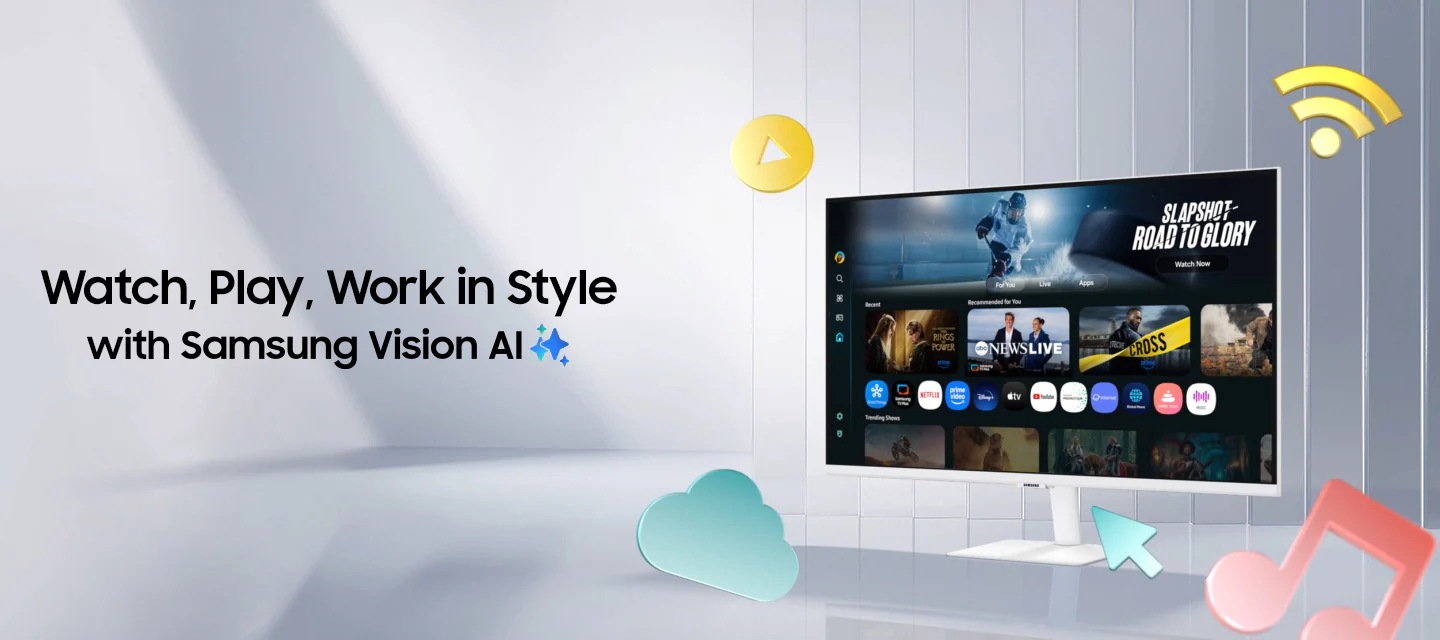 Trải nghiệm xem, giải trí và làm việc đầy phong cách với Samsung Vision AI. Màn hình thông minh Samsung M7 mở rộng khung hình, hiển thị đa dạng các biểu tượng như Samsung TV Plus và AI, cùng vô vàn khung cảnh sống động. Con trỏ chuột, Wi-Fi, âm nhạc, nút phát và biểu tượng đám mây bừng sáng khi màn hình xoay chuyển.