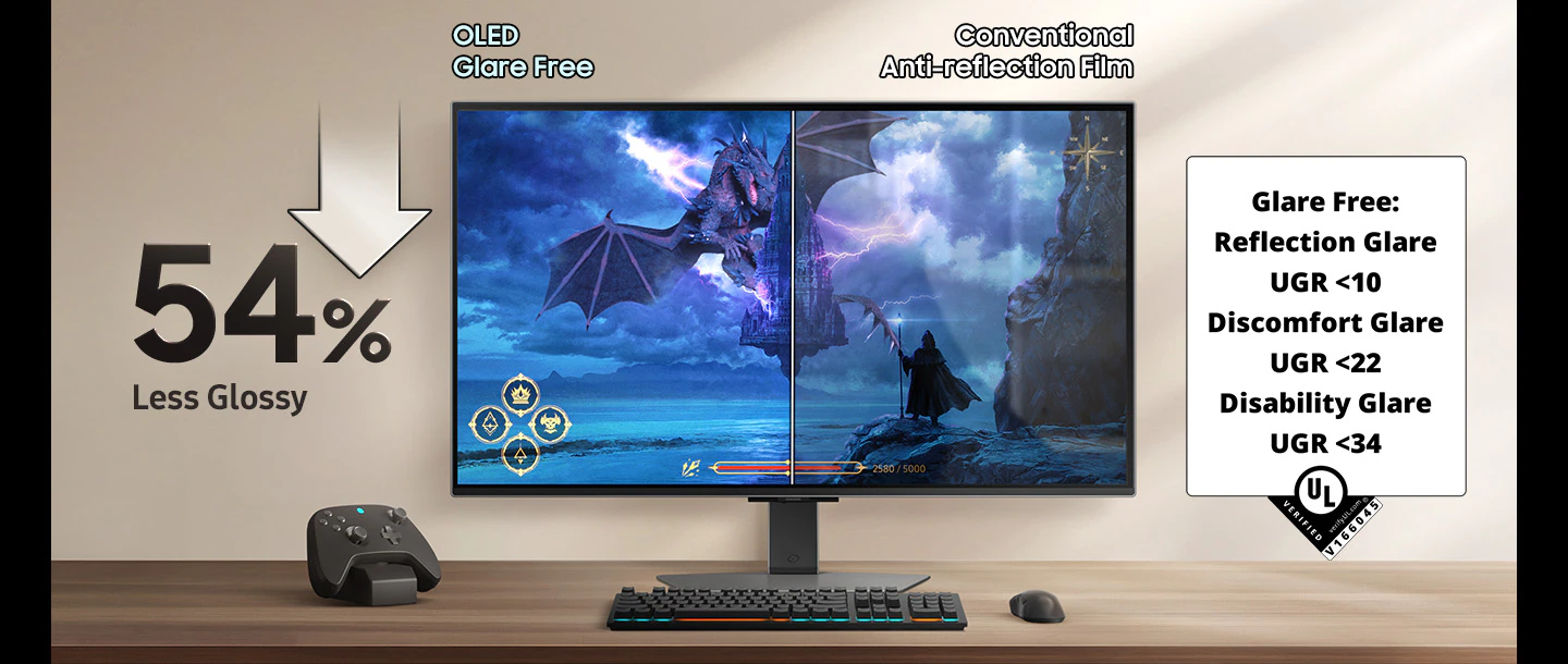 Màn hình có thiết lập chơi game. Có thể thấy phản chiếu trên cảnh chơi game với Màn hình bóng. OLED Chống chói cho hình ảnh rõ nét. OLED Chống chói: Phản chiếu chói UGR <10, Phản chiếu chói UGR <22, Phản chiếu chói UGR <34.