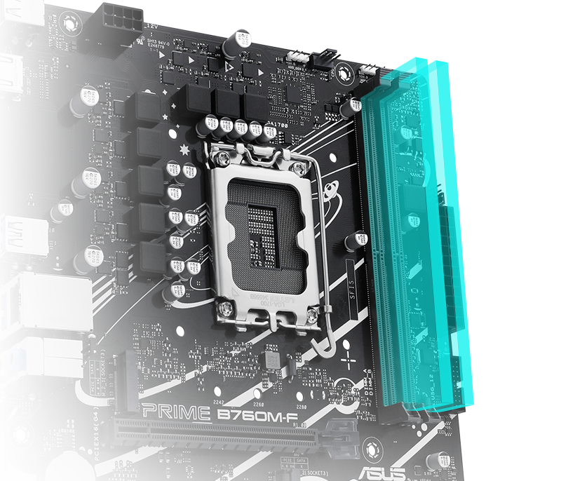 PRIME B760M-F đi kèm với ASUS Enhanced Memory Profile II (AEMP II) để huấn luyện bộ nhớ của bạn và tối ưu hóa tốc độ xung nhịp để giải phóng hiệu năng DDR5. Biểu đồ thanh giới thiệu các cấu hình AEMP II cung cấp tốc độ RAM nhanh hơn tới 37,5% so với thông số kỹ thuật DDR5 cơ bản.