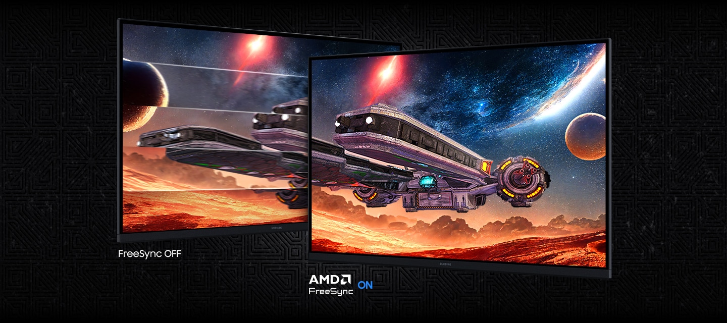 Hai màn hình hiển thị một tàu vũ trụ trong không gian. Màn hình FreeSync TẮT cho hình ảnh giật/lag hơn so với màn hình AMD FreeSync BẬT.