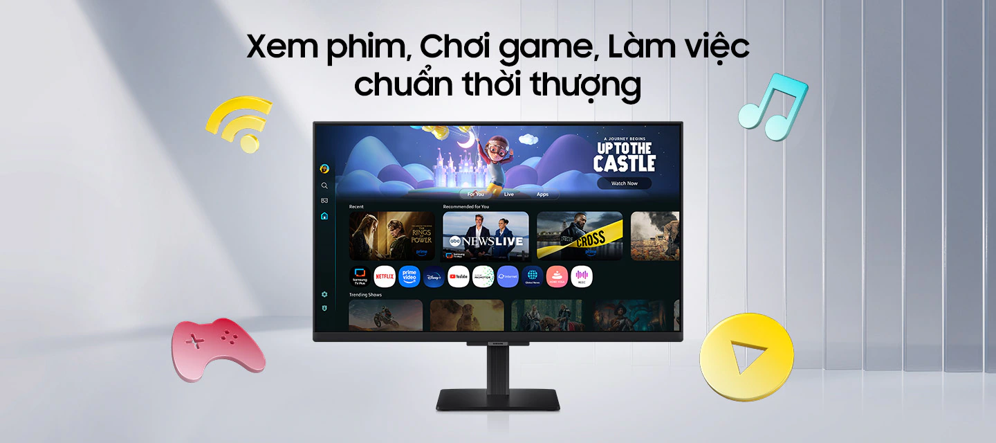 Xem, Chơi, Làm việc thật phong cách. Màn hình thông minh Samsung M5 tích hợp Wi-Fi, máy chơi game, nhạc và các biểu tượng nút phát. Màn hình hiển thị nhiều ứng dụng, nội dung và bản xem trước của