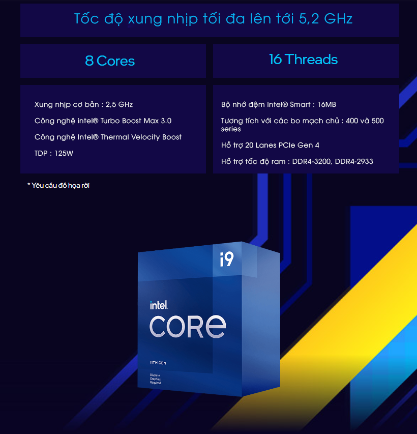 CPU Intel Core i9-11900F (2.5GHz turbo up to 5.2Ghz, 8 nhân 16 luồng, 16MB Cache, 65W) - Socket Intel LGA 1200